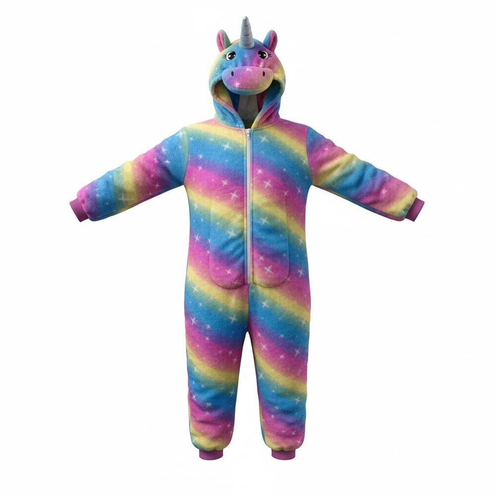 Girls Rainbow Unicorn Hooded Fleece One Piece Pajamas Size 120 Plush Zip Up